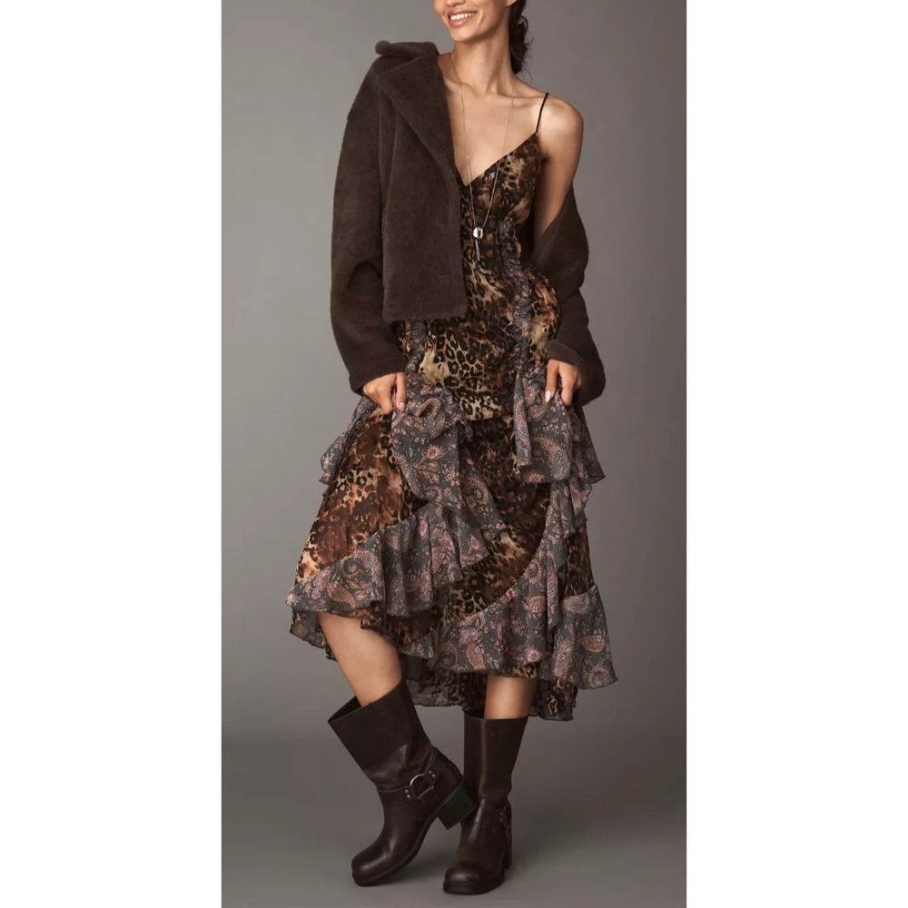 New With Defects Anthropologie Ruffled Chiffon Maxi Dress Leopard Animal Print M